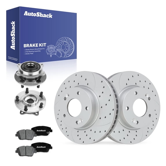 AutoShack Front Brake Rotors, Premium Pads & Hub Bearing Assemblies for Hyundai, Sonata 2016-2019 - Coated Drilled & Slotted - Silver Matte Finish - TurboGuard - 11.81" (300 mm), 5-Lug