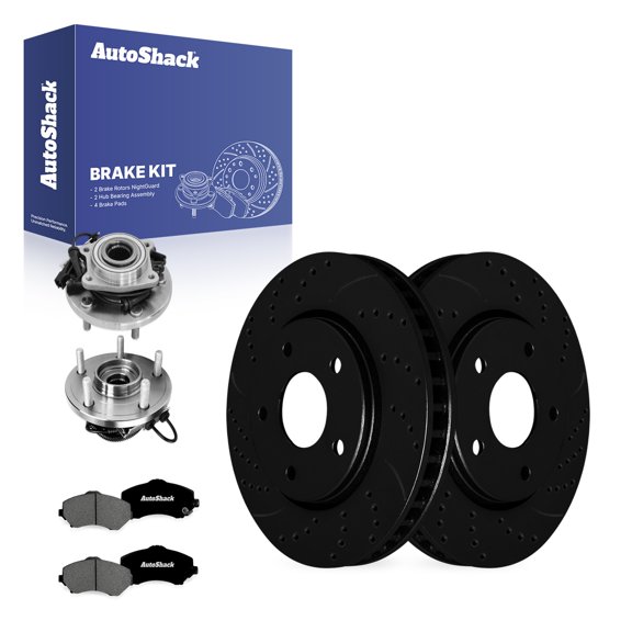 AutoShack Front Brake Rotors, Premium Pads & Hub Bearing Assemblies for Dodge Grand Caravan 2011 - E-Coated Drilled & Slotted - Black Finish - NightGuard - 11.89" (302 mm), 5-Lug