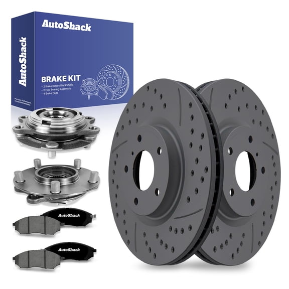 AutoShack Front Drilled & Slotted Brake Rotors Premium Ceramic Brake Pads Wheel Bearing Hub Assembly | Replacement for INFINITI G37 G35 EX35 M35 AWD | Black Matte Finish | 8-PCBrake Kit| BlackShield