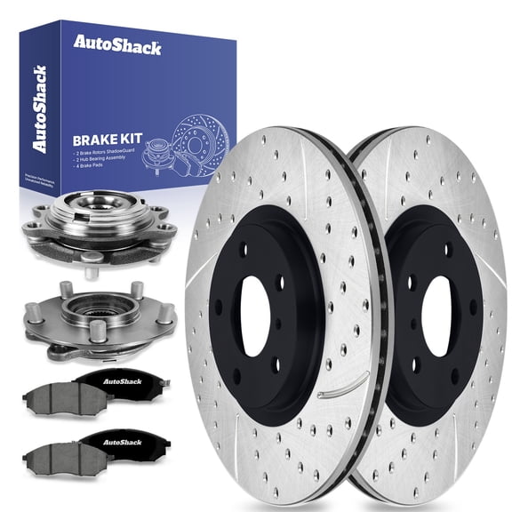 AutoShack Front Drilled & Slotted Brake Rotors Premium Ceramic Brake Pads Wheel Bearing Hub Assembly | Replacement for INFINITI G37 G35 EX35 M35 EX37 V6 | E-Coated | 8-PC Brake Kit | ShadowGuard