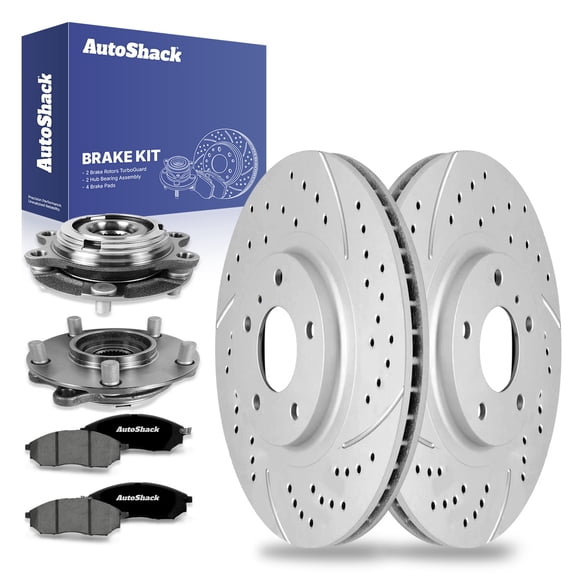 AutoShack Front Drilled & Slotted Brake Rotors Premium Ceramic Brake Pads Wheel Bearing Hub Assembly | Replacement for INFINITI G37 G35 EX35 M35 V6 | Silver Matte Finish | 8-PC Brake Kit | TurboGuard