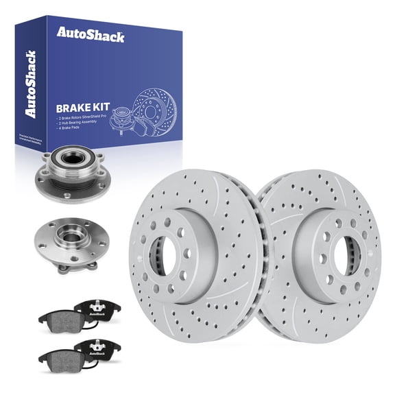 AutoShack Front Brake Rotors, Premium Pads & Hub Bearing Assemblies for Volkswagen, Jetta 2014 - Coated Drilled & Slotted - Silver Matte Finish - TurboGuard - 11.33" (287.8 mm), 9-Lug