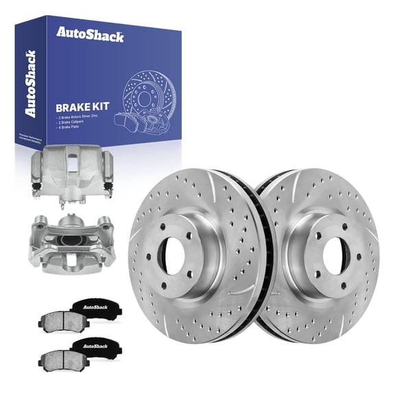 AutoShack Front Vented Drilled & Slotted Silver Zinc Coated Brake Rotors + Ceramic Pads + Calipers 8-PC Brake Kit Replacement for 2009-2014 Nissan Maxima SilverShield Pro 12.59" (319.7 mm)