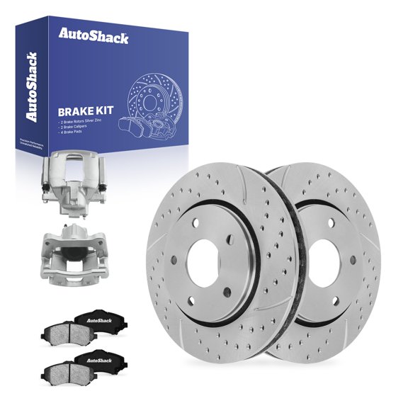 AutoShack Front Brake Rotors, Ceramic Pads & Calipers for Dodge, Grand Caravan 2013-2016, FWD V6 3.6L - Silver Zinc Coated Drilled & Slotted - SilverShield Pro - 11.89" (302 mm), 5-Lug