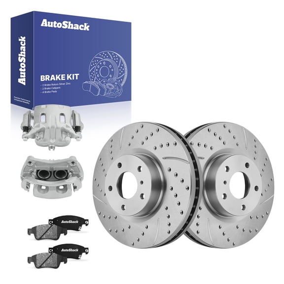 AutoShack Front Brake Rotors, Ceramic Pads & Calipers for INFINITI, G37 2009-2010, AWD V6 3.7L - Silver Zinc Coated Drilled & Slotted - SilverShield Pro - 12.58" (319.6 mm), 5-Lug