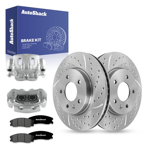 AutoShack Front Drilled Slotted Brake Rotors Premium Ceramic Brake Pads Calipers | Replacement for Chevrolet Equinox Captiva Sport Saturn Vue | Silver Zinc Coated | 8-PC Brake Kit | SilverShield Pro