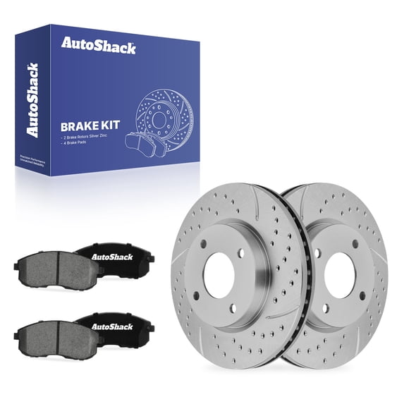AutoShack Front Vented Drilled & Slotted Silver Zinc Coated Brake Rotors + Ceramic Pads 6-PC Brake Kit Replacement for 2007-2010 Nissan Sentra 2009-2010 Nissan Cube SilverShield Pro 11.02" (279.8 mm)