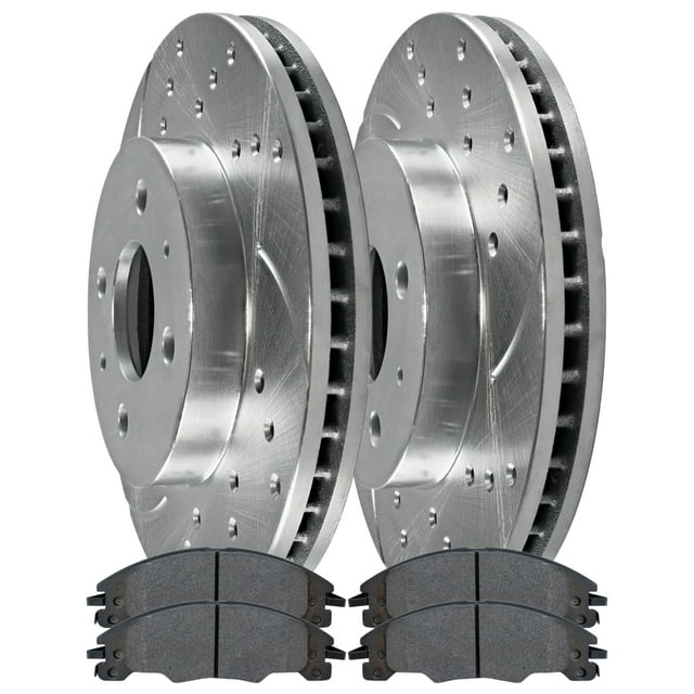 AutoShack Front Drilled Slotted Brake Rotors Silver and Ceramic Pads