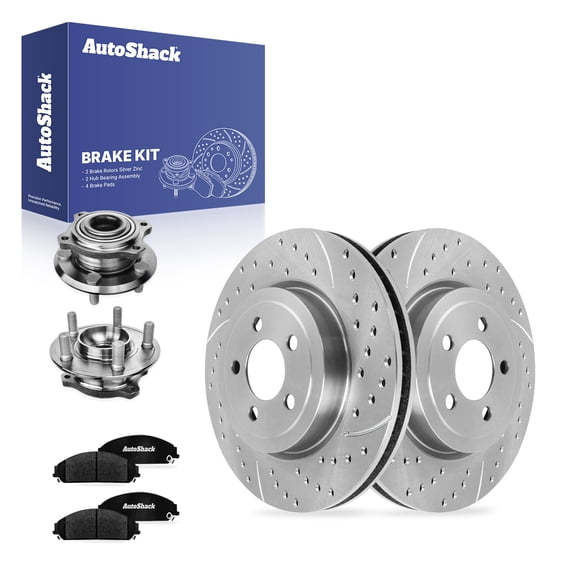 AutoShack Front Brake Rotors, Ceramic Pads & Hub Bearing Assemblies for Dodge, Charger 2007-2023 - Silver Zinc Coated Drilled & Slotted - SilverShield Pro - 13.58" (345 mm), 5-Lug