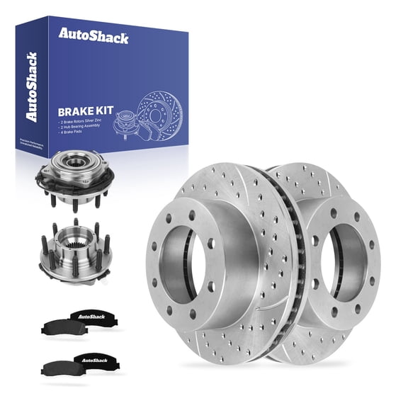 AutoShack Front Brake Rotors, Ceramic Pads & Hub Bearing Assemblies for Ford, F-350 Super Duty 2011-2012 - Silver Zinc Coated Drilled & Slotted - SilverShield Pro - 13.65" (346.8 mm), 8-Lug
