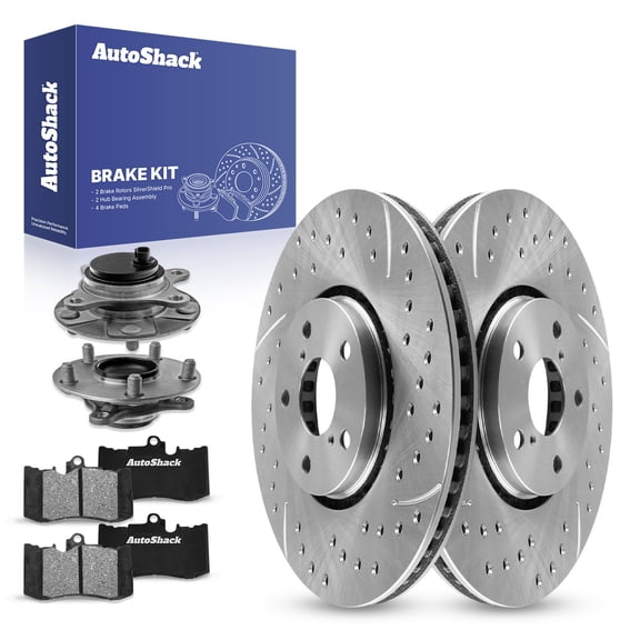 AutoShack Front Drilled & Slotted Brake Rotors Ceramic Brake Pads Wheel Bearing Hub Assembly | Replacement for 2007-2008 Lexus GS350 | Silver Zinc Coated | 8-PC Brake Kit | SilverShield Pro