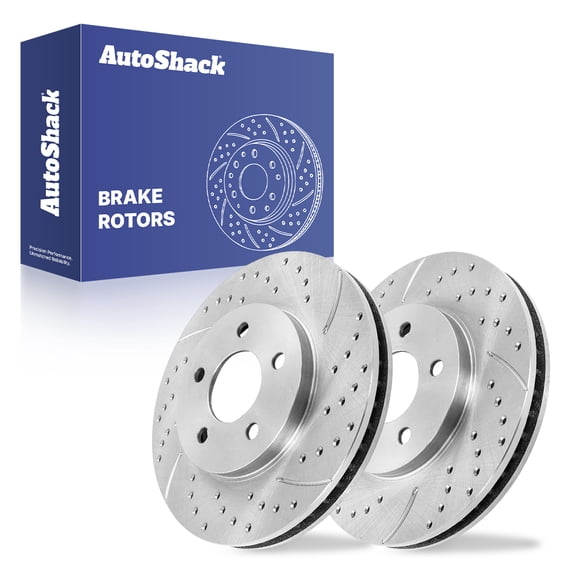 AutoShack Front Brake Rotors for Ford, Mustang 2005-2010, RWD V6 4.0L - Silver Zinc Coated Drilled & Slotted - SilverShield Pro - 11.53" (292.8 mm), 5-Lug