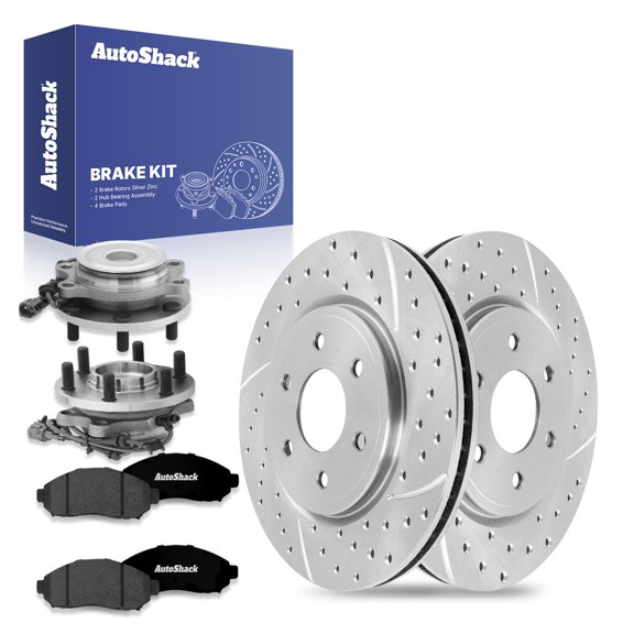AutoShack Front Drilled & Slotted Brake Rotors Premium Ceramic Brake Pads Wheel Bearing Hub Assembly | Replacement for 2005-2015 Nissan Xterra | Silver Zinc Coated | 8-PC Brake Kit | SilverShield Pro