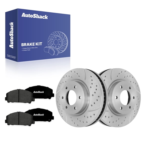 AutoShack Front Vented Drilled & Slotted Silver Zinc Coated Brake Rotors + Premium Ceramic Pads 6-PC Brake Kit Replacement for 2007-2010 Nissan TITAN SilverShield Pro 13.77" (349.7 mm)