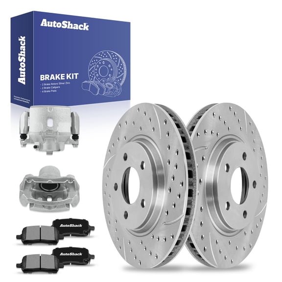 AutoShack Front Drilled & Slotted Brake Rotors Ceramic Brake Pads Calipers | Replacement for 2004-2006 Chevrolet Malibu 2.2L 3.5L V6 FWD | Silver Zinc Coated | 8-PC Brake Kit | SilverShield Pro