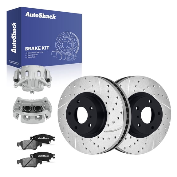 AutoShack Front Brake Rotors, Ceramic Pads & Calipers for INFINITI, G37 2009-2010, AWD V6 3.7L - E-Coated Drilled & Slotted - ShadowGuard - 12.54" (318.6 mm), 5-Lug