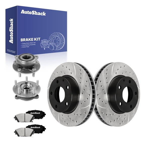 AutoShack Front Brake Rotors, Ceramic Pads & Hub Bearing Assemblies for Mazda, 3 2014-2018 CX-3 2016-2021, FWD L4 2.0L 2.5L - E-Coated Drilled & Slotted - ShadowGuard - 11.02" (280 mm), 5-Lug