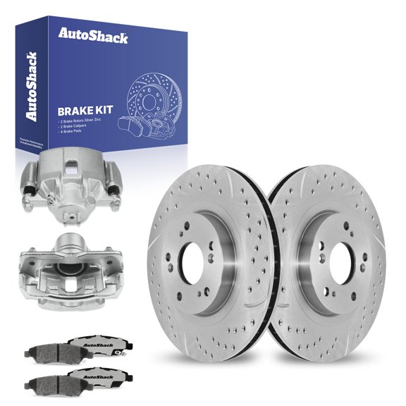 AutoShack Front Drilled & Slotted Brake Rotors Ceramic Brake Pads Calipers | Replacement for 2011-2015 Honda CR-Z 1.5L FWD | Silver Zinc Coated | 8-PC Brake Kit | SilverShield Pro
