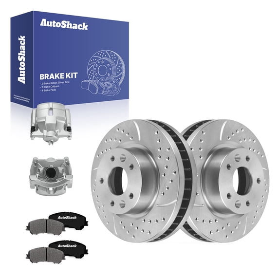 AutoShack Front Vented Drilled & Slotted Silver Zinc Coated Brake Rotors + Ceramic Pads + Calipers 8-PC Brake Kit Replacement for 2018-2019 Nissan Rogue SilverShield Pro 11.65" (296 mm)