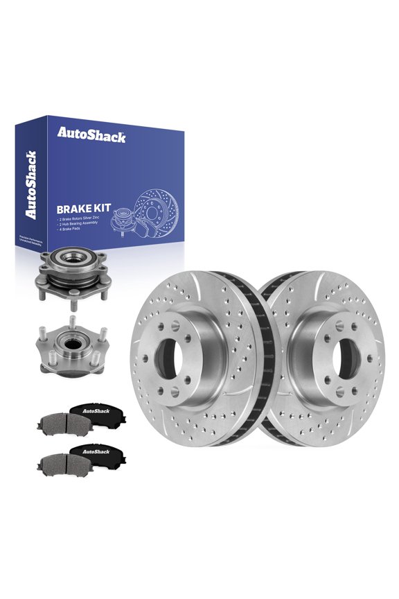 Front Brake Rotors, Ceramic Pads & Hub Bearing Assemblies for Nissan, Rogue 2014-2019, AWD FWD L4 2.5L - Silver Zinc Coated Drilled & Slotted - SilverShield Pro - 11.65" (296 mm), 5-Lug