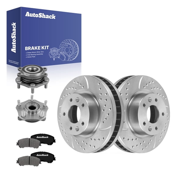 AutoShack Front Brake Rotors, Ceramic Pads & Hub Bearing Assemblies for Nissan, Rogue 2014-2020, AWD FWD L4 2.5L - Silver Zinc Coated Drilled & Slotted - SilverShield Pro - 11.65" (296 mm), 5-Lug
