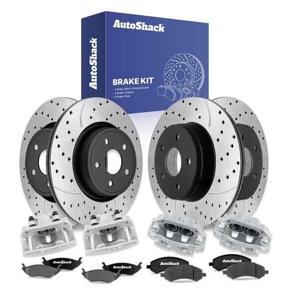 AutoShack Front & Rear Brake Rotors, Ceramic Pads & Calipers for Dodge, Ram 1500 2006-2008, 4WD RWD V6 3.7L V8 4.7L 5.7L - E-Coated Drilled & Slotted - ShadowGuard