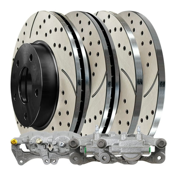 AutoShack Front and Rear Brake Calipers and Drilled and Slotted Brake Rotors Black Kit Set Replacement for 2007 Dodge Caliber 1.8L 2.0L FWD BRK030802198