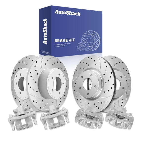 AutoShack Front & Rear Brake Rotors & Calipers for Mitsubishi, Lancer 2008-2016 Outlander 2008-2013, FWD AWD L4 2.0L 2.4L - Silver Zinc Coated Drilled & Slotted - SilverShield Pro