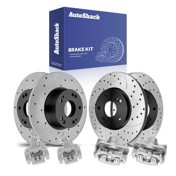 AutoShack Front Vented & Rear Solid Drilled & Slotted E-Coated Brake Rotors + Calipers 8-PC Brake Kit Replacement for 2003-2007 Honda Accord 2004-2008 Acura TSX ShadowGuard