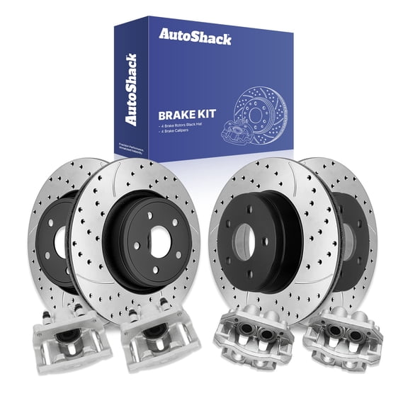 AutoShack Front & Rear Brake Rotors & Calipers for Ram, 1500 2011-2018 1500 Classic 2019-2023, 4WD RWD V6 3.0L 3.6L 3.7L V8 4.7L 5.7L - E-Coated Drilled & Slotted - ShadowGuard