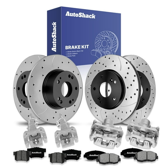 AutoShack Front Vented & Rear Solid Drilled & Slotted E-Coated Brake Rotors + Premium Ceramic Pads + Calipers 16-PC Brake Kit Replacement for 2003-2007 Honda Accord 2004-2008 Acura TSX ShadowGuard