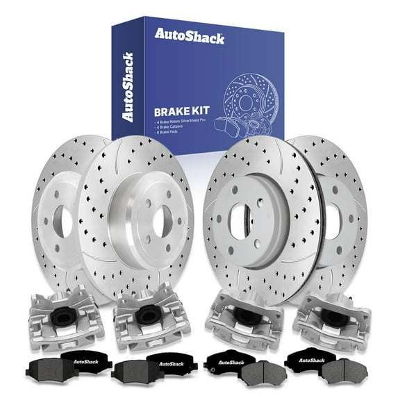 AutoShack Front Vented & Rear Solid Drilled & Slotted Silver Zinc Coated Brake Rotors + Premium Ceramic Pads + Calipers 16-PC Brake Kit Replacement for 2007-2017 Jeep Wrangler SilverShield Pro