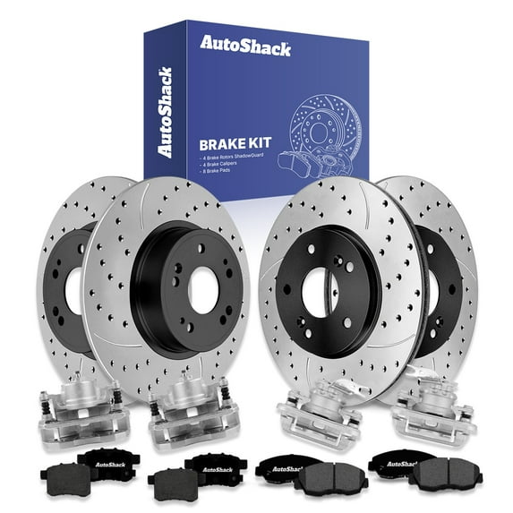 AutoShack Front & Rear Brake Rotors, Premium Pads & Calipers for Honda, Accord 2008-2009, FWD L4 2.4L V6 3.5L - E-Coated Drilled & Slotted - ShadowGuard