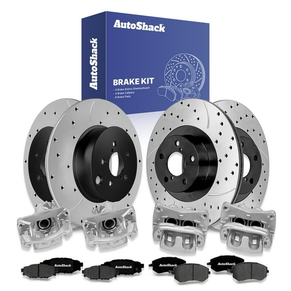 AutoShack Front & Rear Brake Rotors, Premium Pads & Calipers for Subaru, Forester 2014-2018 XV Crosstrek 2013-2015 Crosstrek 2016-2017, AWD H4 2.0L 2.5L - E-Coated Drilled & Slotted - ShadowGuard
