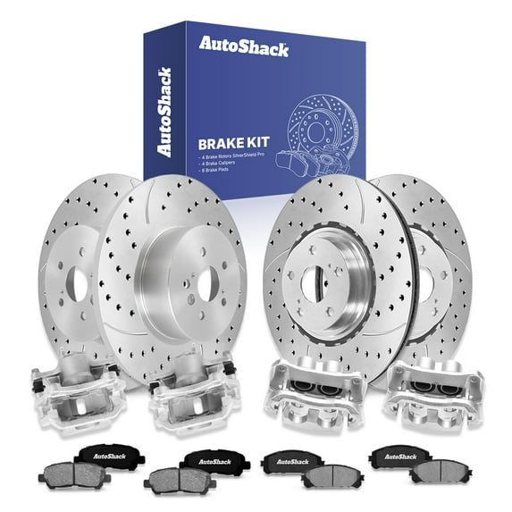 AutoShack Front Vented & Rear Solid Drilled & Slotted Silver Zinc Coated Brake Rotors + Ceramic Pads + Calipers 16-PC Brake Kit Replacement for 2010-2013 Toyota Highlander SilverShield Pro