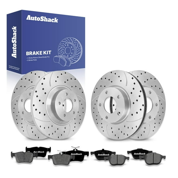 AutoShack Front Vented & Rear Solid Drilled & Slotted Silver Zinc Coated Brake Rotors + Premium Ceramic Pads 12-PC Brake Kit Replacement for 2012-2017 Mazda 5 2006-2010 Mazda 5 SilverShield Pro