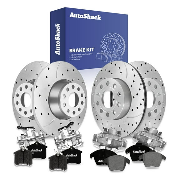 AutoShack Front Vented & Rear Solid Drilled & Slotted Silver Zinc Coated Brake Rotors + Ceramic Pads + Calipers 16-PC Brake Kit Replacement for 2014 Volkswagen Jetta SilverShield Pro