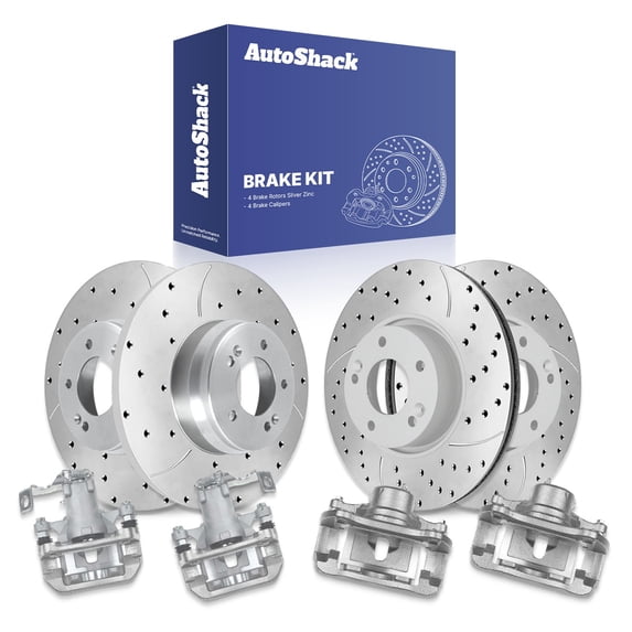 AutoShack Front Vented & Rear Solid Drilled & Slotted Silver Zinc Coated Brake Rotors + Calipers 8-PC Brake Kit Replacement for 2017 Kia Forte 2013-2017 Hyundai Veloster SilverShield Pro