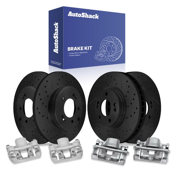 AutoShack Front & Rear Brake Rotors & Calipers for Hyundai, Tucson 2016-2018, AWD FWD L4 1.6L 2.0L 2.4L - E-Coated Drilled & Slotted - Black Finish - NightGuard