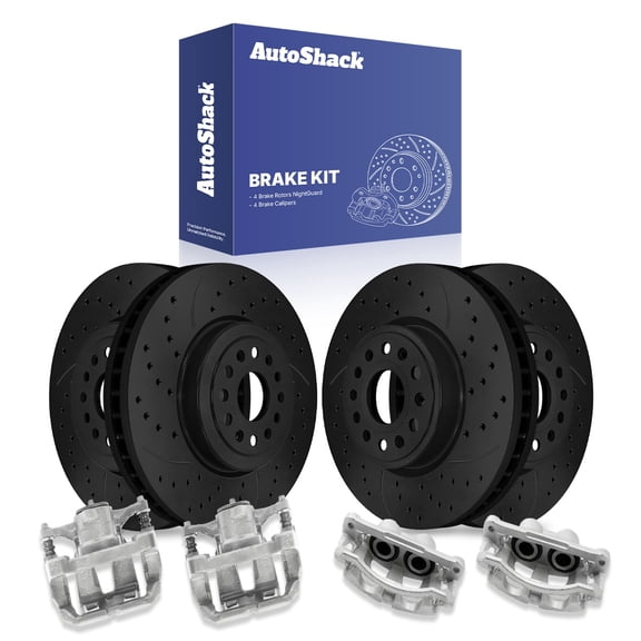 AutoShack Front & Rear Brake Rotors & Calipers for Ram, 1500 2019-2021, 2023-2024, 4WD RWD V6 3.0L 3.6L V8 5.7L - E-Coated Drilled & Slotted - Black Finish - NightGuard