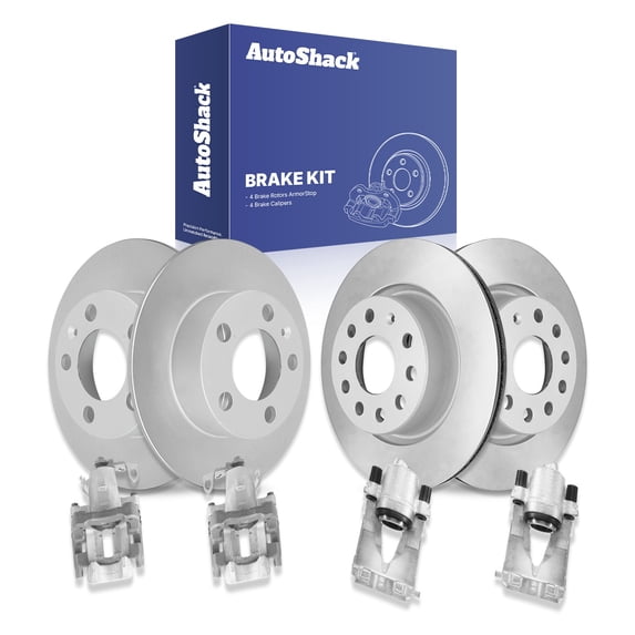 AutoShack Front Vented & Rear Solid Coated Brake Rotors + Calipers 8-PC Brake Kit Replacement for 2007-2009 Volkswagen Jetta City ArmorStop