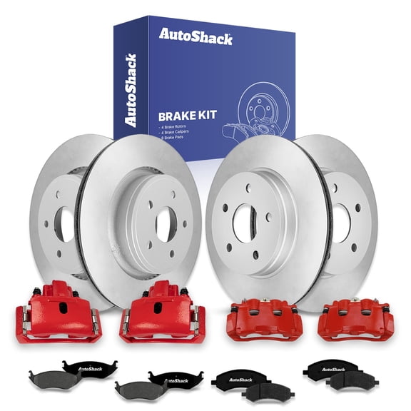 AutoShack Front & Rear Brake Rotors, Premium Pads & Red Calipers for Ram & Chrysler, 1500 2011-2018 1500 Classic 2019-2023 Aspen 2007-2009, 4WD RWD V6 3.0L 3.6L 3.7L V8 4.7L 5.7L