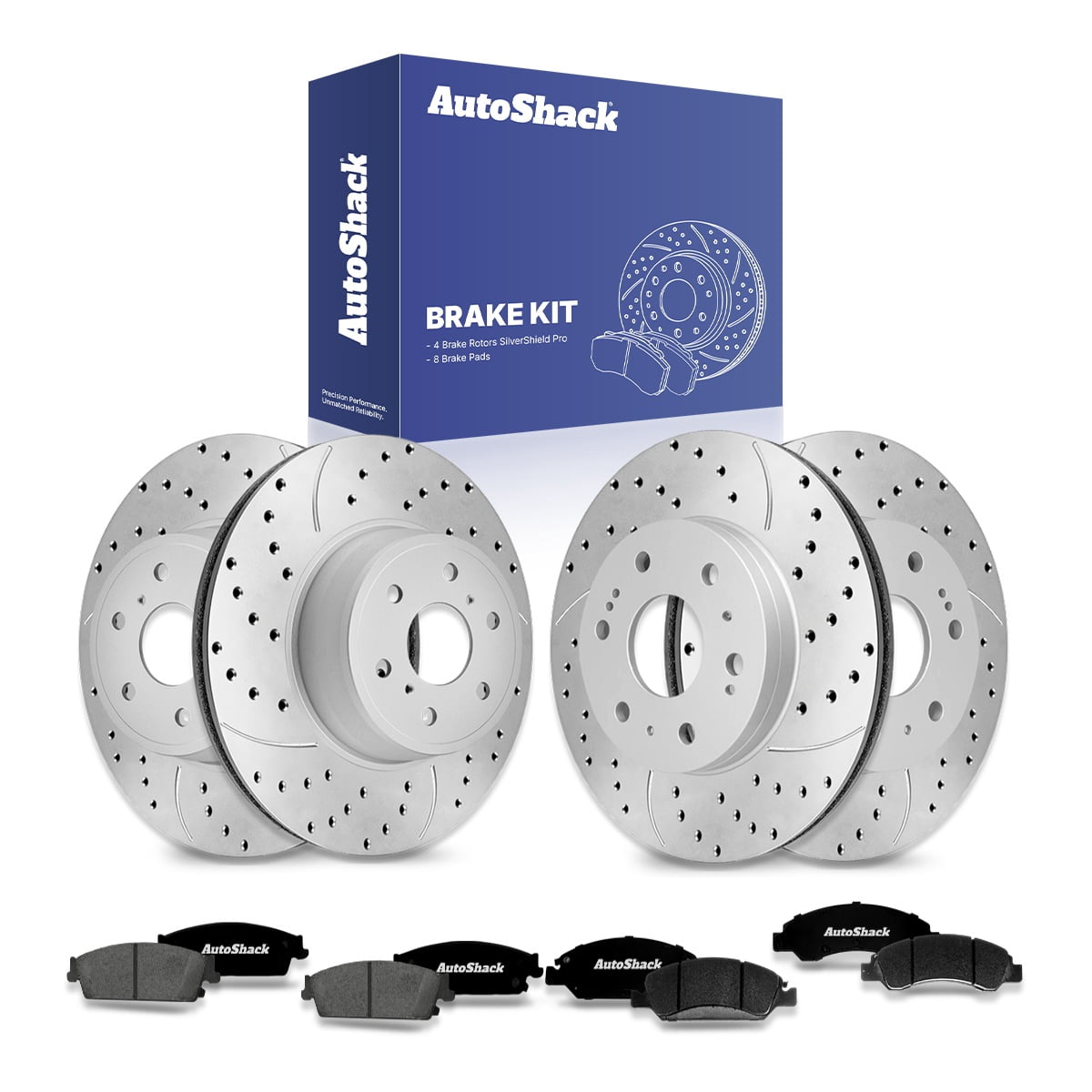 AutoShack Front & Rear Brake Rotors & Ceramic Pads for Chevrolet, Silverado 1500 2007-2013, 4WD RWD V8 4.8L 5.3L 6.0L 6.2L - Silver Zinc Coated Drilled & Slotted - SilverShield Pro