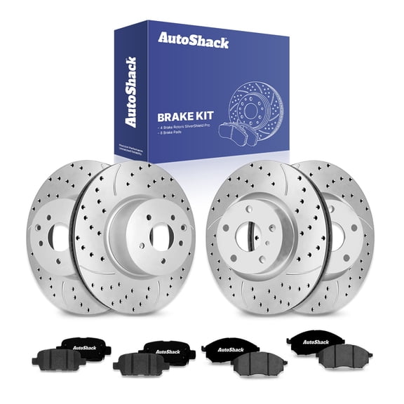 AutoShack Front & Rear Brake Rotors & Ceramic Pads for Nissan & INFINITI, Murano 2011-2014 M37 2011-2013, AWD RWD FWD V6 3.5L 3.7L - Silver Zinc Coated Drilled & Slotted - SilverShield Pro