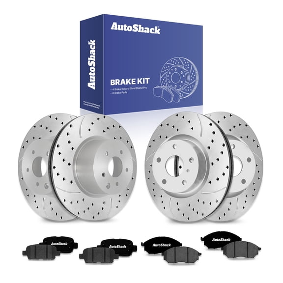 AutoShack Front & Rear Brake Rotors & Ceramic Pads for INFINITI & Nissan, G37 2011-2013 G35 2005-2007 370Z 2010-2020, RWD AWD V6 3.5L 3.7L - Silver Zinc Coated Drilled & Slotted - SilverShield Pro