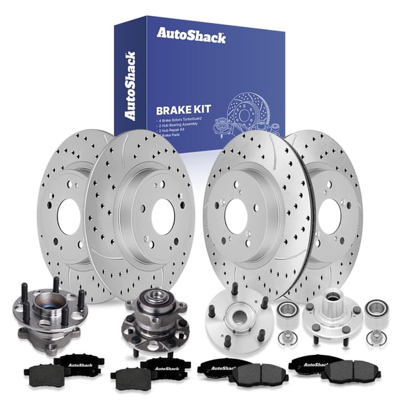 AutoShack Front & Rear Brake Rotors, Premium Pads, Hub Bearing Assembly & Repair Kit for Honda, Accord 2008-2009, FWD L4 2.4L V6 3.5L - Coated Drilled & Slotted - Silver Matte Finish - TurboGuard