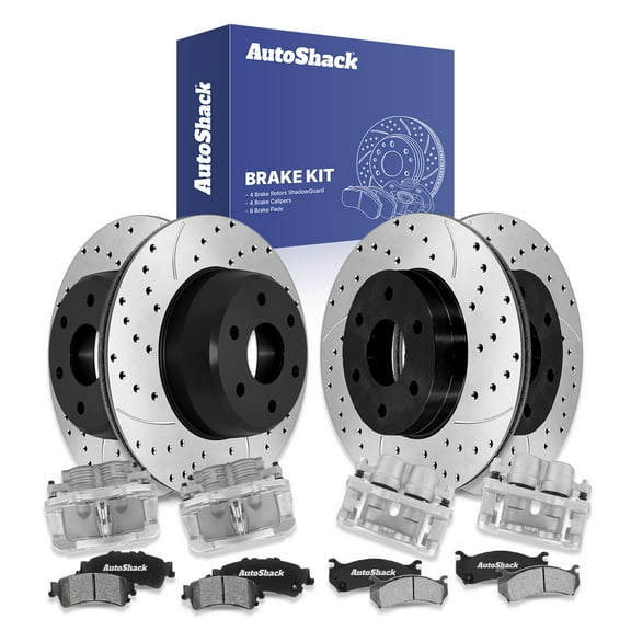 AutoShack Front & Rear Drilled & Slotted Brake Rotors Ceramic Brake Pads Calipers | Replacement for Chevrolet Silverado 1500 2000-2001 Suburban 1500 V8 | E-Coated | 16-PC Brake Kit | ShadowGuard