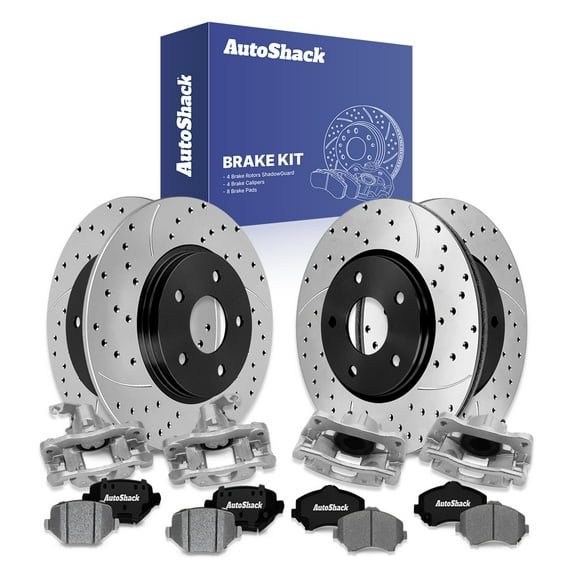 AutoShack Front & Rear Brake Rotors, Ceramic Pads & Calipers for Dodge & Chrysler, Grand Caravan 2012-2016 Town & Country 2012-2016, FWD V6 3.6L - E-Coated Drilled & Slotted - ShadowGuard