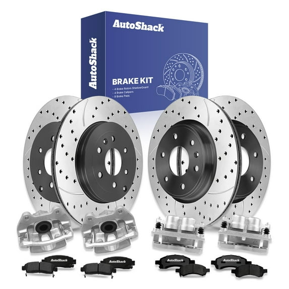 AutoShack Front & Rear Brake Rotors, Ceramic Pads & Calipers for Chevrolet & GMC, Traverse 2009-2017 Acadia 2007-2016, AWD FWD V6 3.6L - E-Coated Drilled & Slotted - ShadowGuard