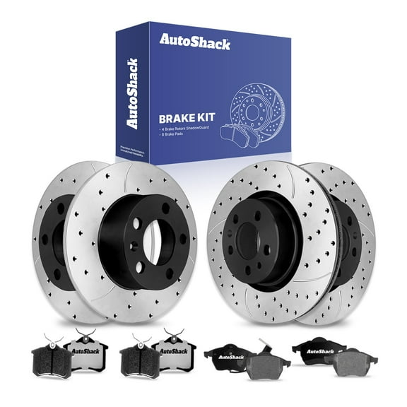 AutoShack Front & Rear Drilled & Slotted Brake Rotors Ceramic Brake Pads | Replacement for 1999 2001 Volkswagen Golf 1.8L 2.8L V6 FWD | E-Coated | 12-PC Brake Kit | ShadowGuard